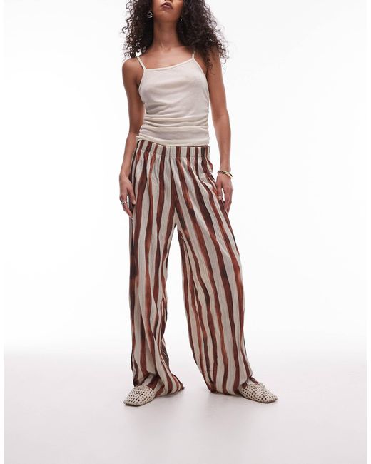 TOPSHOP Brown Stripe Crinkle Wide Leg Trousers