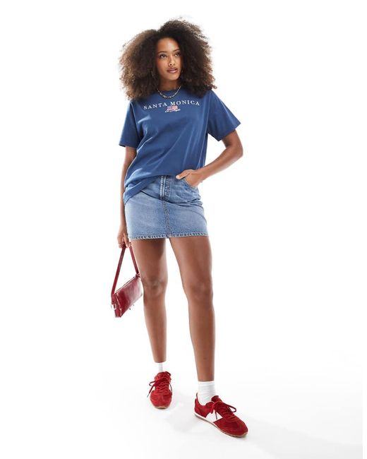 Daisy Street Oversized T-Shirt Met 'Santa Monica'-Print in het Blue