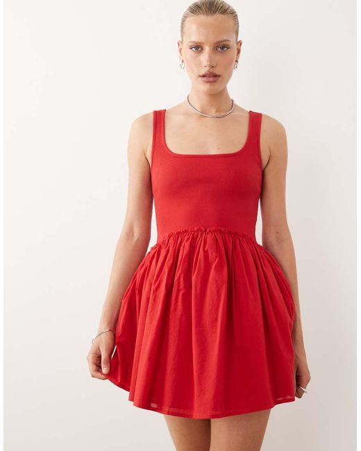 ASOS Red Scoop Ribbed Bodice With Poplin Skirt Mini Dress