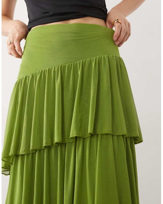 ASOS Green Mesh Asymmetric Tiered Midaxi Skirt