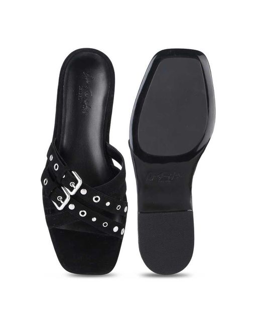 OFF THE HOOK Black Isla Suede Leather Eyelet Strappy Flat Sandals