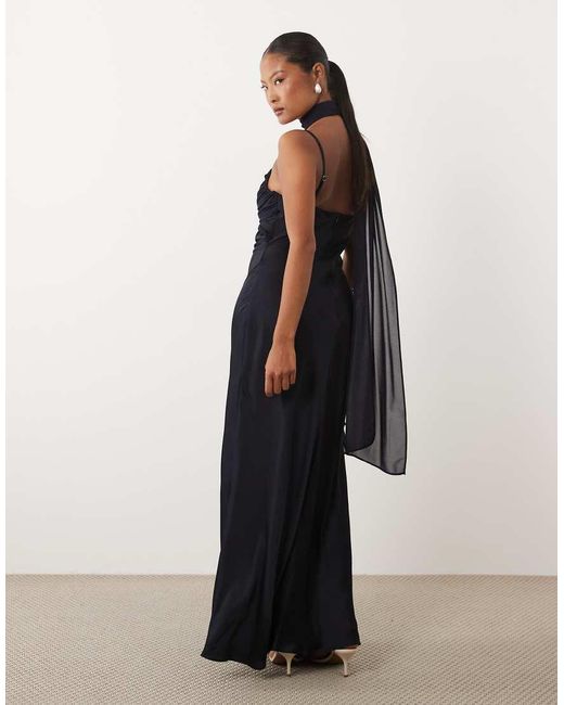 TFNC London Blue Satin Bust Chiffon Scarf Detail Cami Maxi Dress