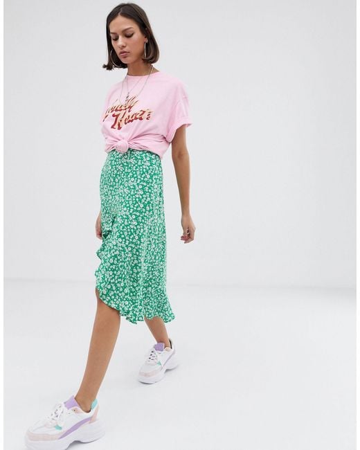 Bershka Green Ditsy Floral Asymmetric Skirt