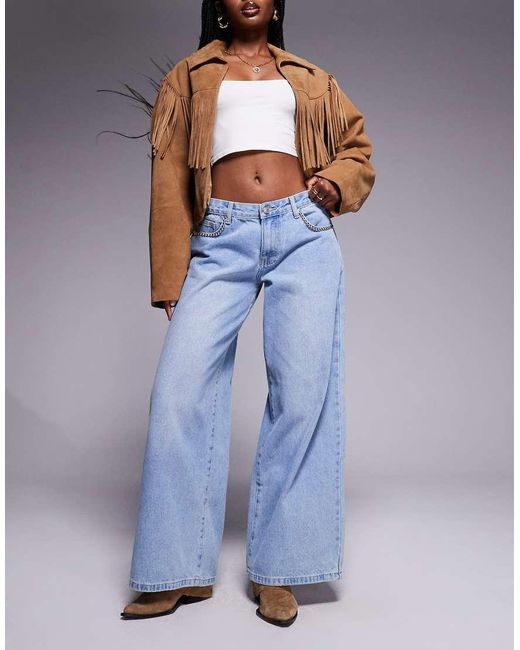 Princess Polly Blue Pearlisle Low Rise Stud Detail Baggy Wide Leg Jeans