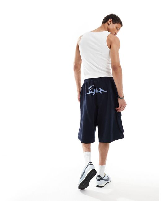 Collusion Blue Navy Skater Shorts With Emblem Long Line Co-ord for men