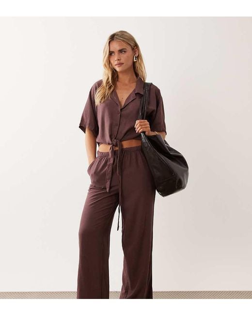 JDY Petite Brown Wide Leg Linen Mix Co-Ord Trouser