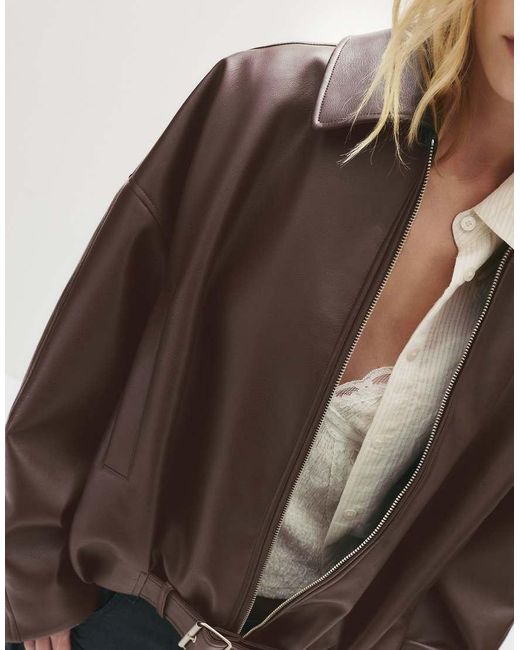 Pull&Bear Brown Leather Effect Balloon Bomber Jacket