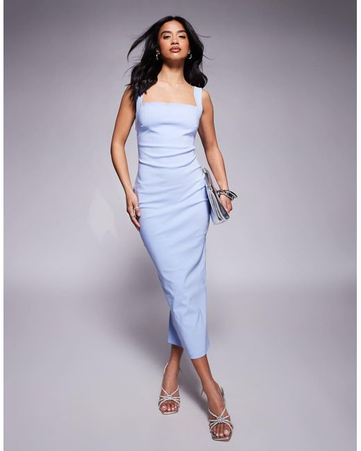 Vesper Petite Purple Bengaline Square Neck Scoop Back Midaxi Dress