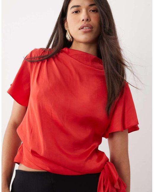 ASOS Red Satin Wrap Waist Blouse