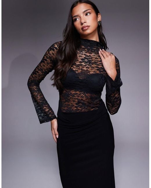 ASOS Blue High Neck Long Sleeve Sheer Lace With Draped Waist Faux Ord Maxi Dress