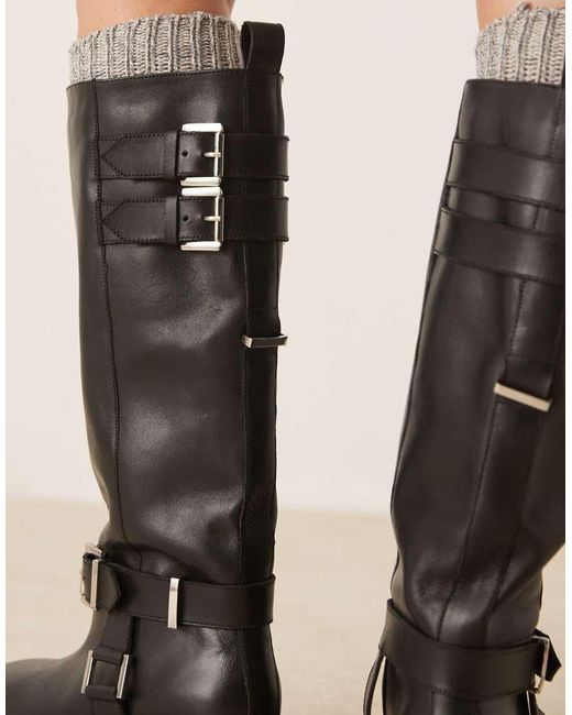 ASOS Natural Crest Leather Harness Biker Knee Boots