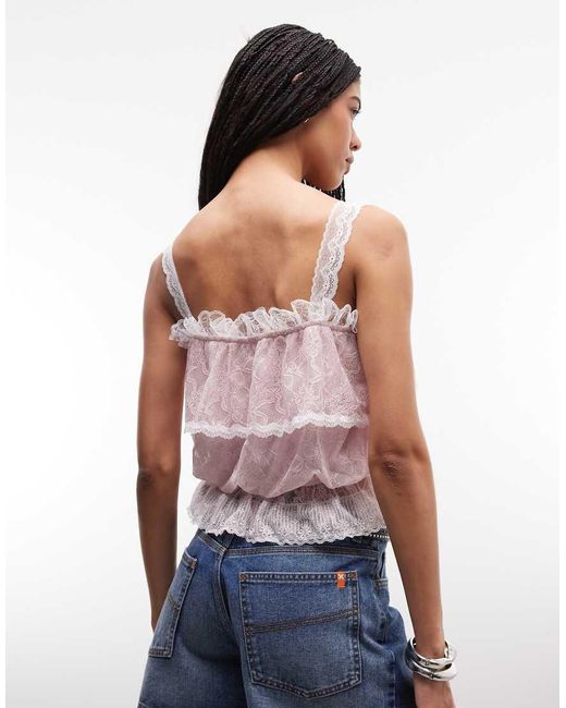 Daisy Street Pink Ruffle Lace Boho Top With Bow