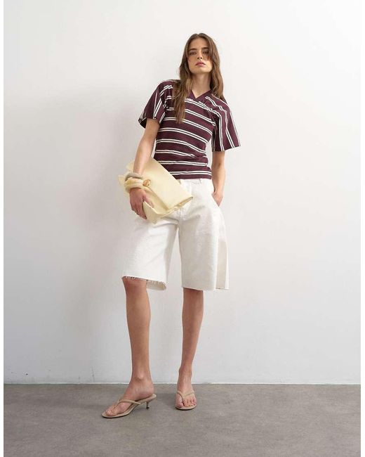 TOPSHOP Red Gather Yoke Seam Short Sleeve Top Burgundy Stripe