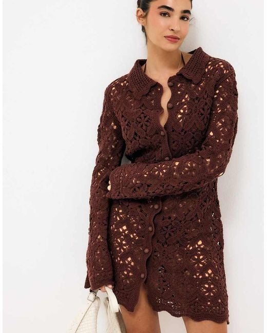 NA-KD Brown Knitted Crochet Mini Dress
