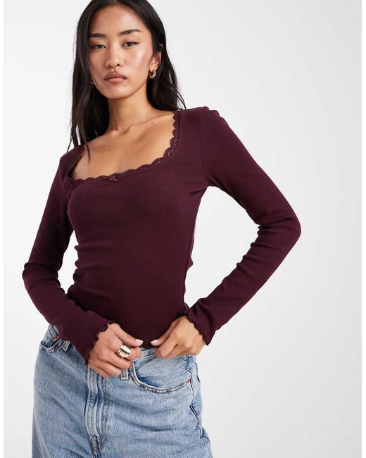 Miss Selfridge Purple Rib Knit Square Neck Top