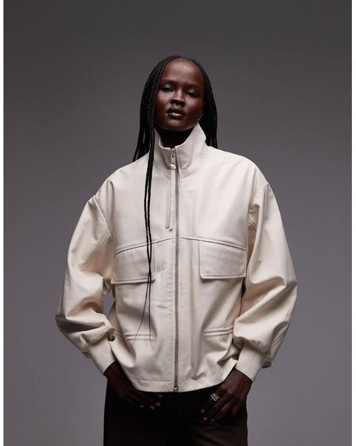 AllSaints Gray Flor Funnel Neck Leather Bomber Jacket