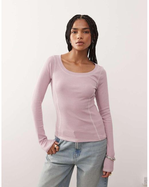 Monki Pink Contoured Scoop Neck Long Sleeve Top With Seam Detail
