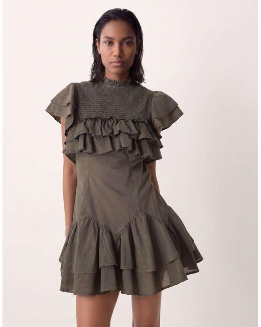 ASOS Natural High Neck Ruffle Mini Dress With Shirring