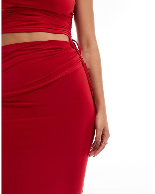 Kaiia Red Exclusive Slinky Ruched Drawstring Maxi Skirt Co-Ord