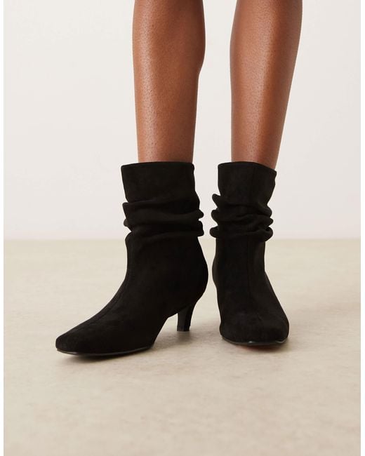 Glamorous Black Kitten Heel Ruched Mid Ankle Boots