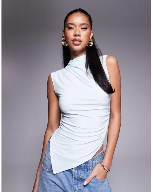 ASOS Geplooide Top Met Hoge Hals En Asymmetrische Zoom in het Blue