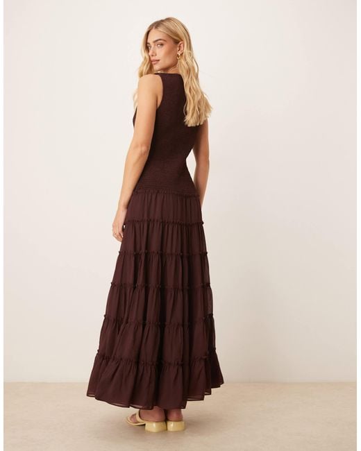 ASOS Brown Shirred Slash Neck Maxi Dress
