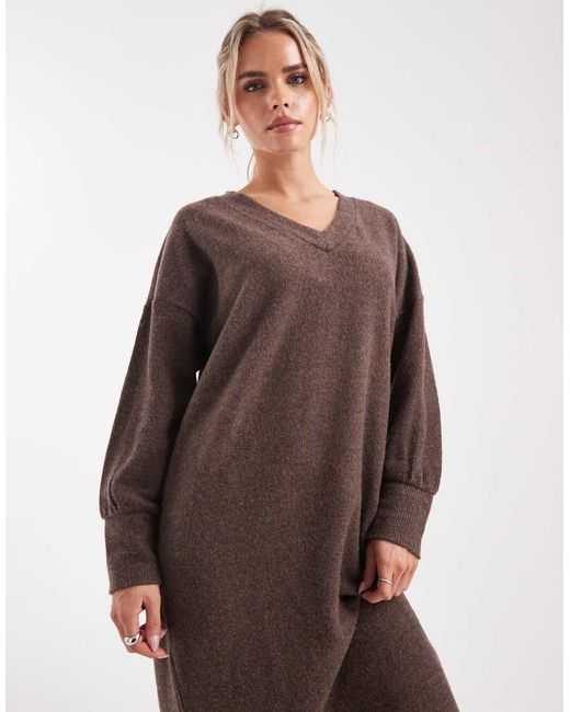 Vero Moda Brown Soft Rib Knit V Neck Midi Dress