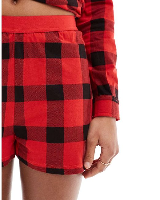 Brave Soul Red Long Sleeve And Black Check Shirt And Shorts Lounge Set