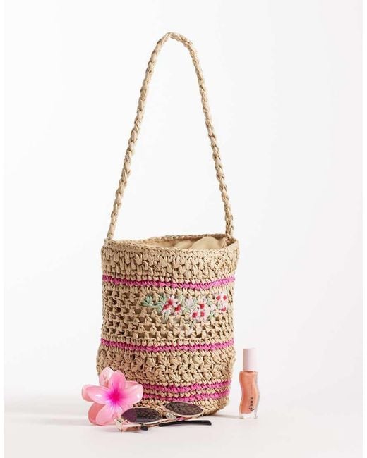 ASOS White Straw Hand Crochet Bucket Bag With Floral Detail