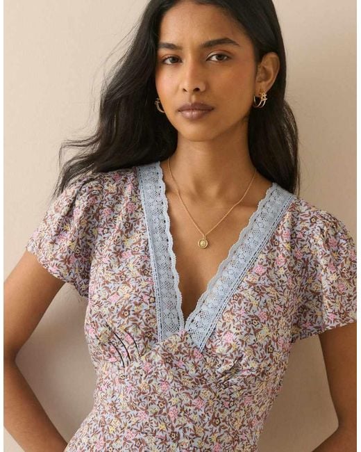 Nobody's Child Natural Ditsy Floral Lace Trim Kacey Midi Dress