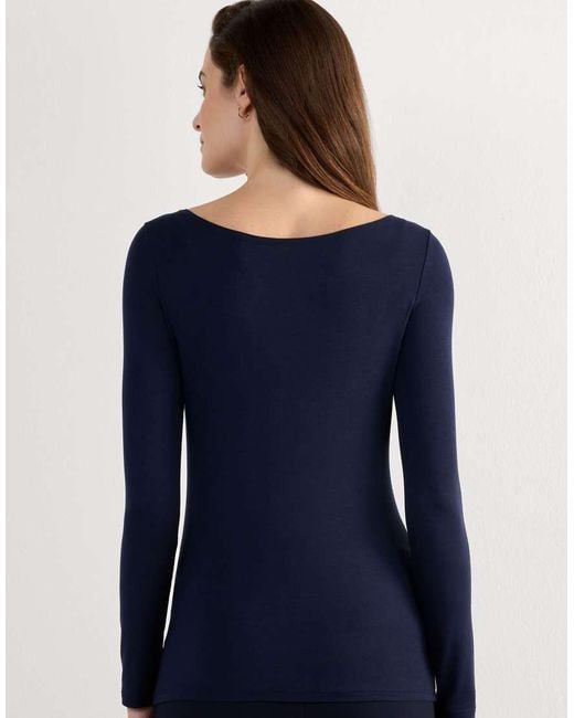 Intimissimi Blue Long-Sleeved Boat-Neck Micromodal Top