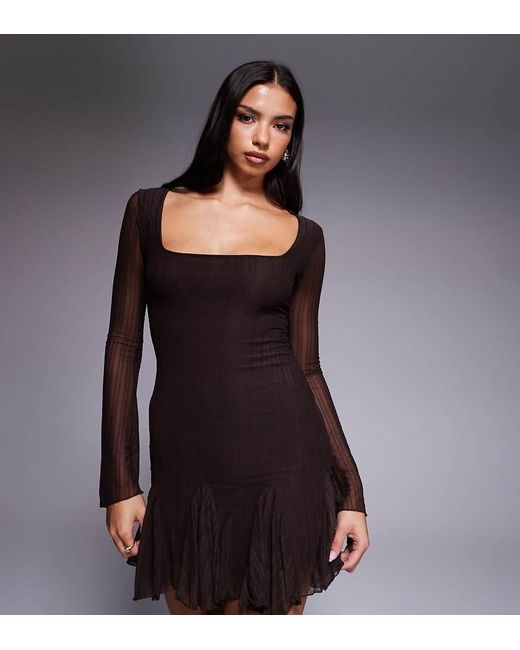 Kaiia Black Exclusive Textured Slinky Mesh Long Sleeve Rara Hem Mini Dress