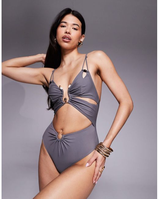 ASOS Gray Lucie Plunge Swimsuit With Cut Out And Resin Trim