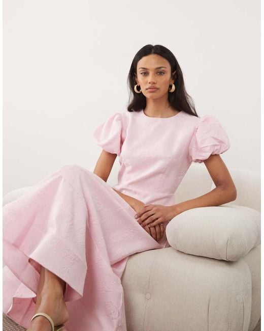 Sister Jane Pink Jacquard Puff Sleeve Structured Hem Midi Dress