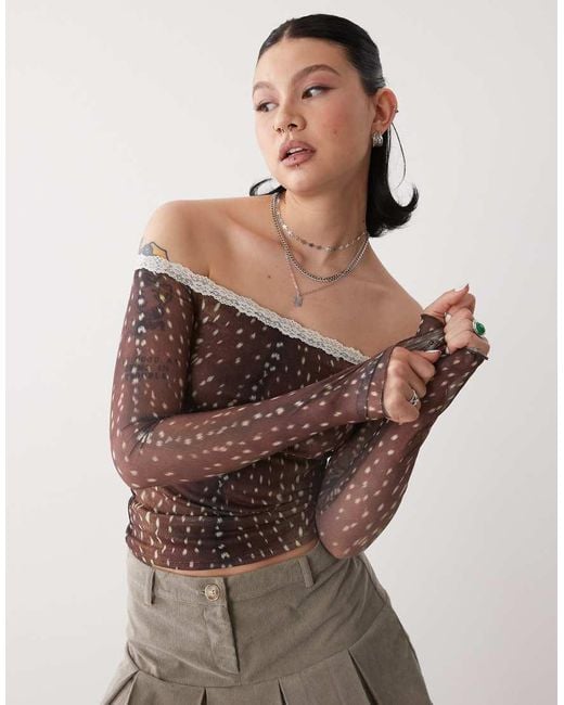 Motel Brown Rusaka Deer Print Mesh Top