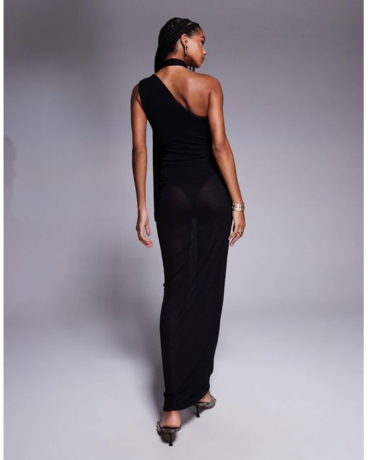 Kaiia Blue Exclusive One Shoulder Mesh Scarf Detail Sheer Maxi Dress