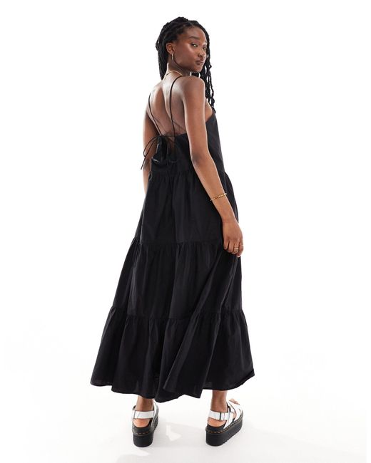 Monki Black Maxi Dress With Tiered Layers And Strappy Low Back