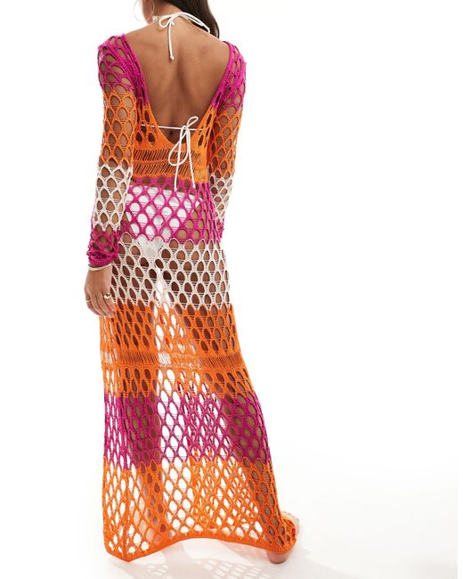 ASOS Red Long Sleeve Colour Block Ladder Detail Crochet Knit Maxi Beach Dress