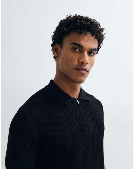 Mango Black Zip Through Knitted Polo Top for men