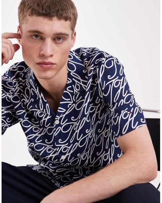 Tommy Hilfiger Blue Linen Camp Collar Short Sleeve Shirt for men