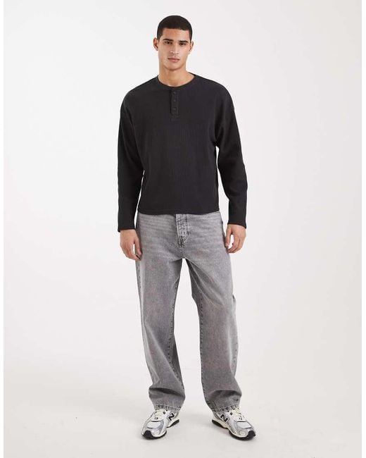 Cotton On Black Relaxed Fit Textured Henley Long Sleeve T-shirt for men