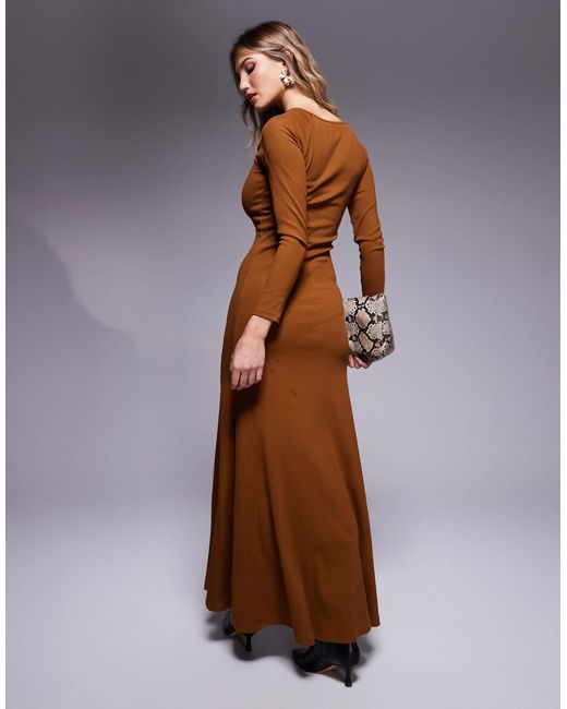 ASOS Ribbed Long Flare Sleeve Tie Neck Maxi Dress in Brown | Lyst
