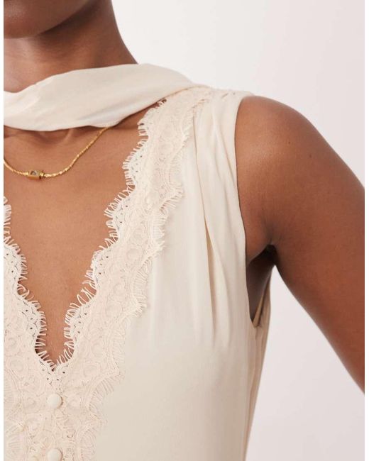 TFNC London Natural Chiffon V Neck Lace Detail Scarf Playsuit