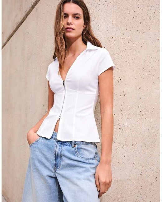 Bershka Blue Short Sleeve Zip Print Shirt