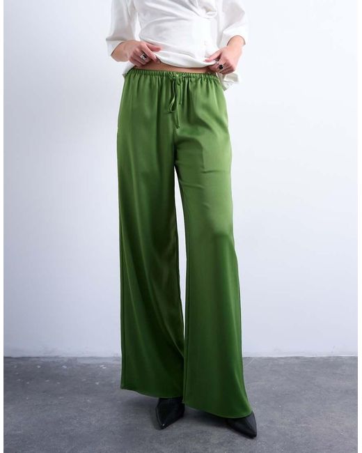 TOPSHOP White Satin Tie Waist Wide Leg Trouser