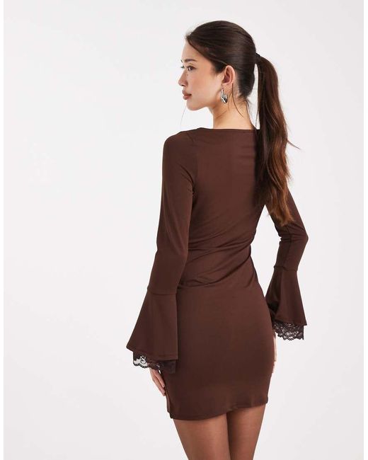 ASOS Brown Slash Neck Fluted Lace Sleeve Mini Dress