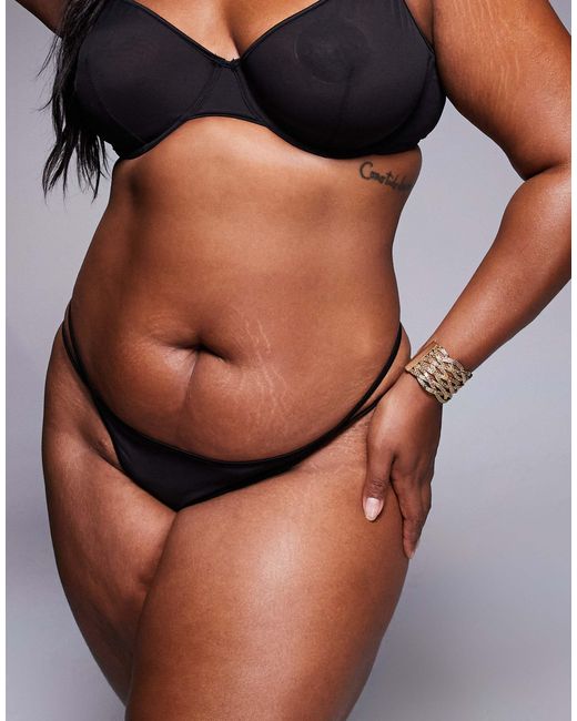 ASOS Black Asos Design Curve Lennox Mesh Tanga Thong With Satin Binding