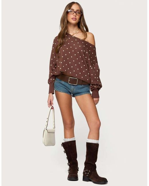 Edikted Brown Oversized Off Shoulder Polka Dot Sweater