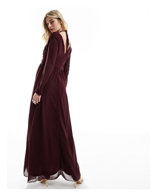 TFNC London Purple Halter Neck Long Sleeve Maxi Dress With Cutout Details