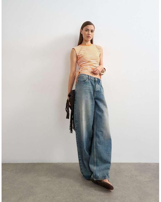 TOPSHOP Brown Stripe Ruched Drawcord Tank